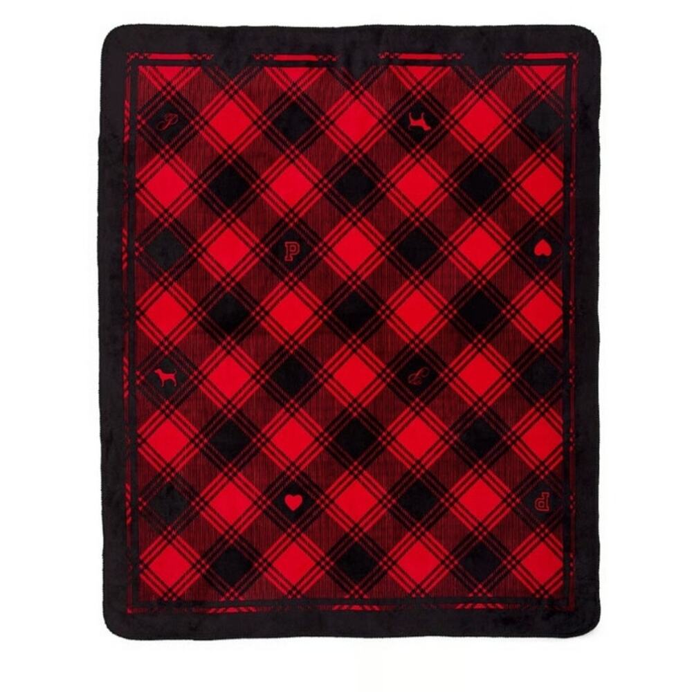 Victoria Secret "Pink" Throw Red Plaid with dogs and Hearts Sherpa Backing Plush